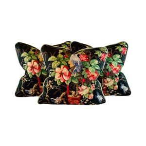 Pair Designer Richloom Black Blue Green Bluebird Botanical Floral Pillow Covers